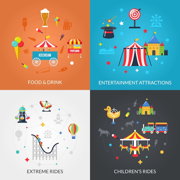 Parque de atracciones 4 Flat Icons Square