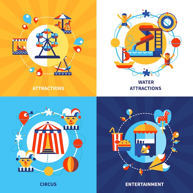 Parque de atracciones 4 Flat Icons Square