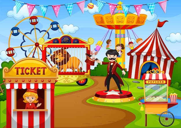 Parque de atracciones con circo en escena de estilo de dibujos animados