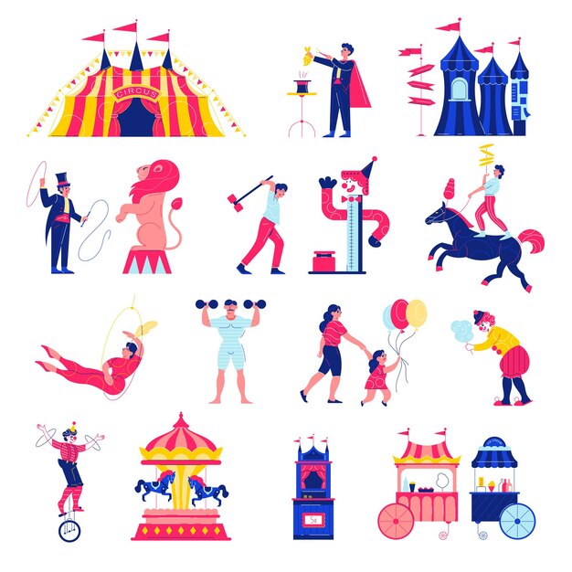 Parque de atracciones de circo con íconos aislados de los grandes puestos de mercado de atracciones de feria y personajes humanos ilustraciones vectoriales