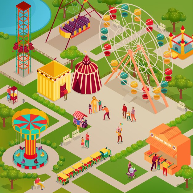 Parque de atracciones con circo y varias atracciones comida callejera adultos y niños ilustración isométrica