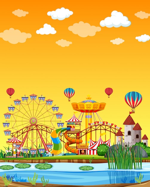 Vector gratuito parque de atracciones con escena de pantano durante el día con cielo amarillo en blanco