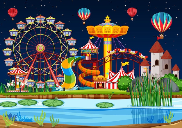 Vector gratuito parque de atracciones con escena de pantano en la noche con globos.