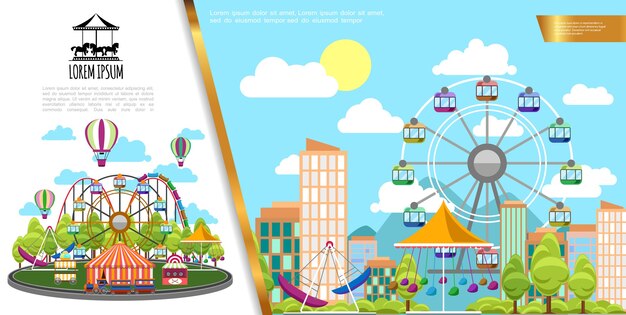 Parque de atracciones plano en concepto de ciudad