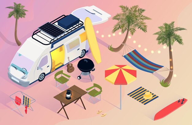 Parque de casas rodantes isométrico con palmeras de hamaca de paraguas de tabla de surf van en la playa durante la puesta de sol 3d