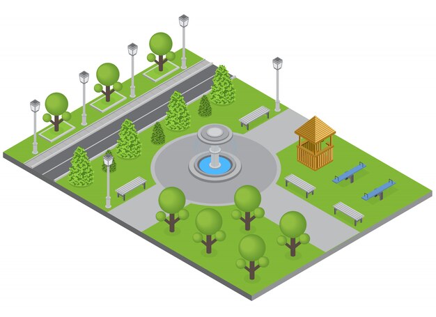 Parque de la ciudad con fuente de árboles y campo de deportes isométrico