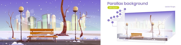 Parque de la ciudad con nieve blanca, banco de madera, árboles y linternas en invierno. Fondo de paralaje de vector para animación 2d con paisaje nevado de dibujos animados de jardín público vacío con ciudad en el horizonte