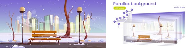 Parque de la ciudad con nieve blanca, banco de madera, árboles y linternas en invierno. Fondo de paralaje de vector para animación 2d con paisaje nevado de dibujos animados de jardín público vacío con ciudad en el horizonte