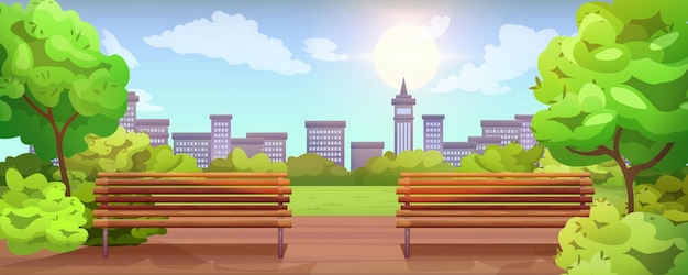 Vector gratuito parque de la ciudad vacía de dibujos animados con banco de madera y linternas