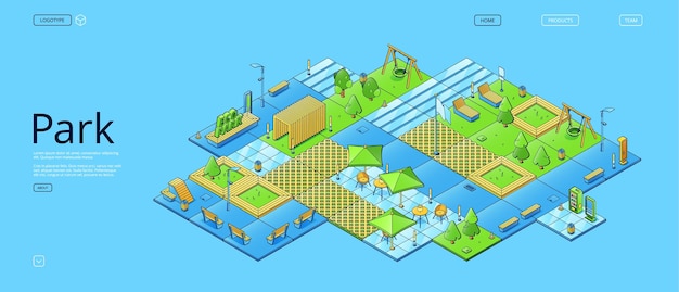 Parque ecológico con columpios de bancos de árboles isométricos.