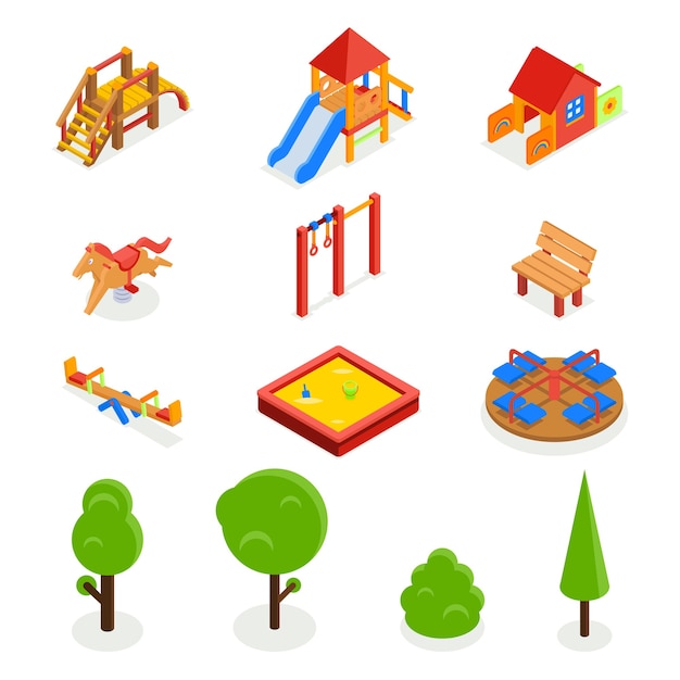 Vector gratuito parque infantil 3d isométrico. conjunto de iconos, tobogán de carrusel de banco, balancín y caja de arena, ilustración vectorial