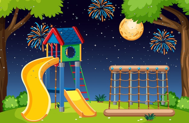 Parque infantil en el parque con luna grande y fuegos artificiales en el cielo por la noche estilo de dibujos animados