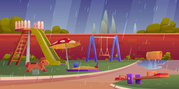 Vector gratuito parque infantil en tiempo de lluvia, área infantil vacía con toboganes, arenero y columpios para jugar y divertirse.