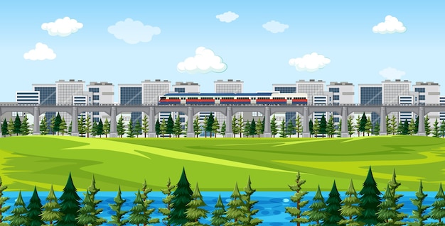 Vector gratuito parque natural de la ciudad con tren en la escena del paisaje del horizonte