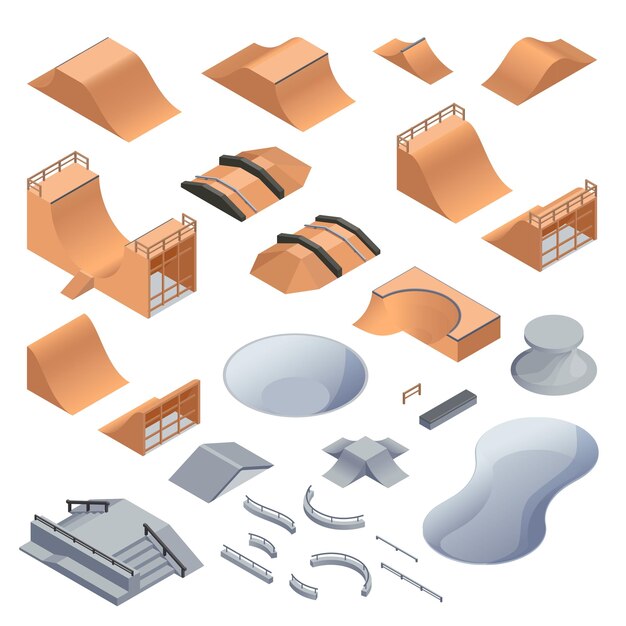 Parque de patinaje con símbolos de monopatín ilustración vectorial aislada isométrica