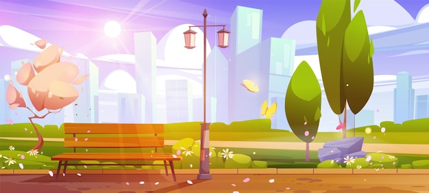 Vector gratuito parque de primavera con paisaje urbano de fondo