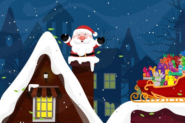 Parque de Santa Claus trineo sobre la nieve en la azotea en la noche de Navidad con regalo completo en trineo