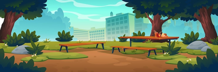 Vector gratuito parque urbano con mesa de picnic y bancos de madera.
