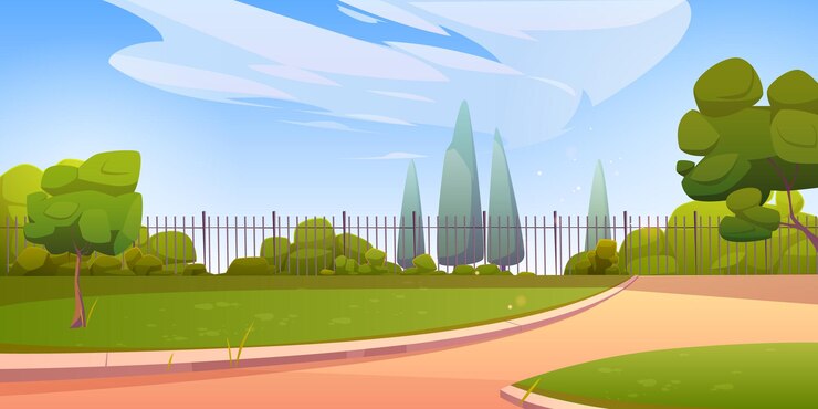 Vector gratuito parque de verano o jardín con árboles verdes, arbustos, hierba y cerca ilustración de dibujos animados vectoriales del paisaje vacío del patio trasero con senderos de césped de plantas y cercas de metal