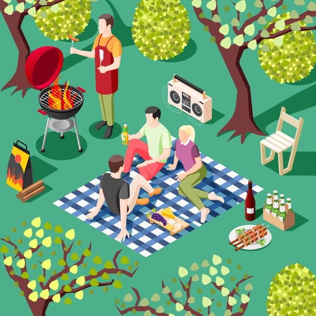 Parrilla barbacoa fiesta isométrica ilustración con grupo de jóvenes amigos que descansan en el paisaje salvaje
