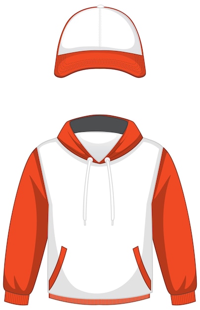 Parte delantera de la sudadera con capucha básica blanca y naranja y gorra aislada