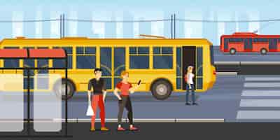 Vector gratuito los pasajeros de la composición de personas del transporte público se paran en la parada de autobús esperando su autobús mientras otros autobuses pasan por la ilustración vectorial
