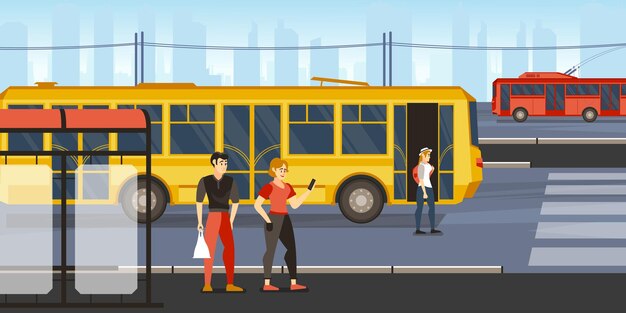 Los pasajeros de la composición de personas del transporte público se paran en la parada de autobús esperando su autobús mientras otros autobuses pasan por la ilustración vectorial