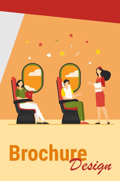 Pasajeros felices sentados y avión cerca de ventanas ilustración vectorial plana. Asistente de vuelo de dibujos animados instruyendo a los viajeros en avión. Concepto de viaje, viaje y turismo