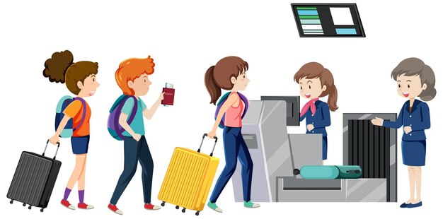 Pasajeros en el mostrador de facturación con personal de servicio