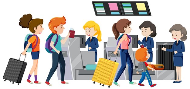 Pasajeros en el mostrador de facturación con personal de servicio
