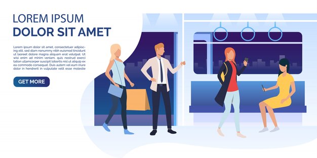 Pasajeros que usan teléfonos inteligentes, sosteniendo bolsas en el vagón de tren