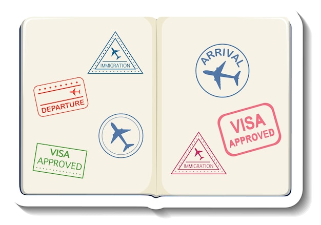 Vector gratuito pasaporte abierto con etiqueta de dibujos animados de sello de visa