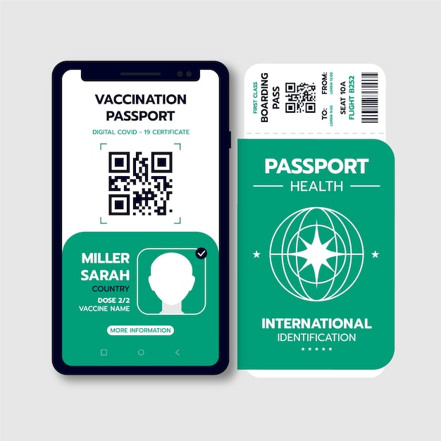 Vector gratuito pasaporte de vacunación de diseño plano