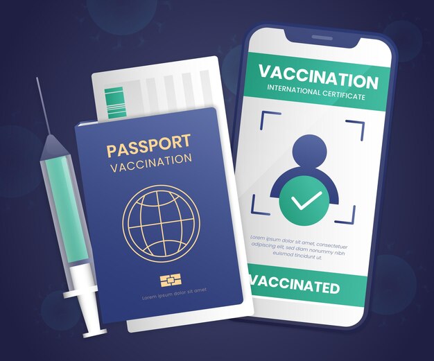 Pasaporte de vacunación gradiente y teléfono inteligente.