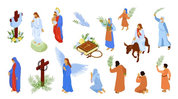 Pascua jesucristo virgen maría conjunto isométrico de personajes bíblicos aislados sobre fondo blanco ilustración vectorial