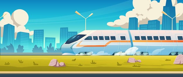 Paseos en tren moderno sobre rieles en el fondo de los edificios de la ciudad en el horizonte. Ilustración de dibujos animados vectoriales del paisaje urbano con tren de velocidad de pasajeros, ciudad y hierba verde