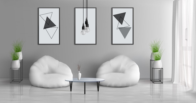 Vector gratuito pasillo de la casa, apartamento moderno, sala de estar soleada, 3d vector realista interior con mesa de café cerca de dos sillas de haz en el centro de la habitación, pinturas, marcos de fotos en la pared gris, ilustración de macetas