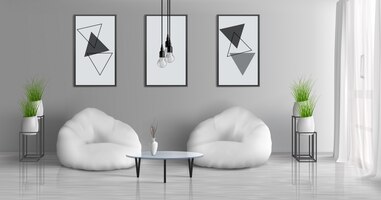 Vector gratuito pasillo de la casa, apartamento moderno, sala de estar soleada, 3d vector realista interior con mesa de café cerca de dos sillas de haz en el centro de la habitación, pinturas, marcos de fotos en la pared gris, ilustración de macetas