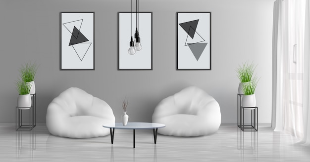 Pasillo de la casa, apartamento moderno, sala de estar soleada, 3D vector realista interior con mesa de café cerca de dos sillas de haz en el centro de la habitación, pinturas, marcos de fotos en la pared gris, ilustración de macetas