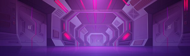 Pasillo futurista con puertas cerradas y luces de alarma rojas en las paredes y el techo Ilustración de dibujos animados vectoriales del interior de la nave espacial de fantasía prisión fantástica o pasillo del búnker del hotel laboratorio de ciencia ficción