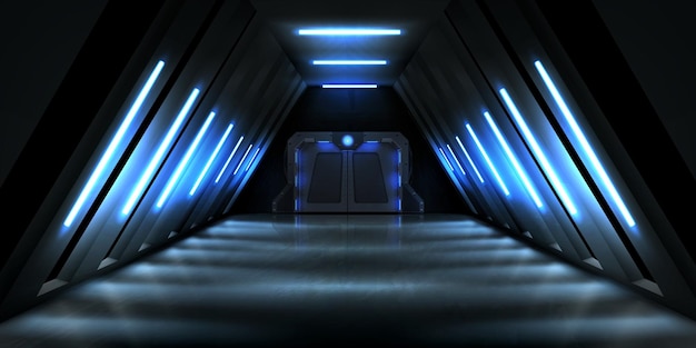 Pasillo oscuro con puerta de metal e iluminación azul.