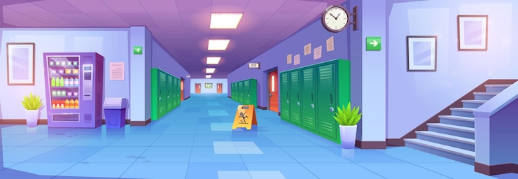 Vector gratuito pasillo de la universidad de dibujos animados interior del pasillo de la escuela