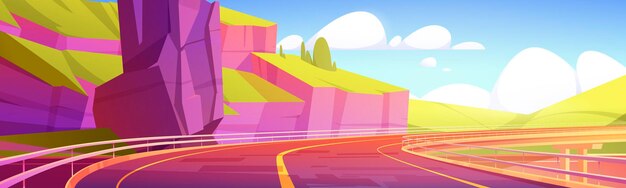 Paso elevado, autopista, carretera vacía en el paisaje de verano de las montañas, infraestructura moderna con rejas metálicas y marcado. Camino de giro asfaltado de dos carriles y vista en perspectiva de rocas Ilustración de vector de dibujos animados