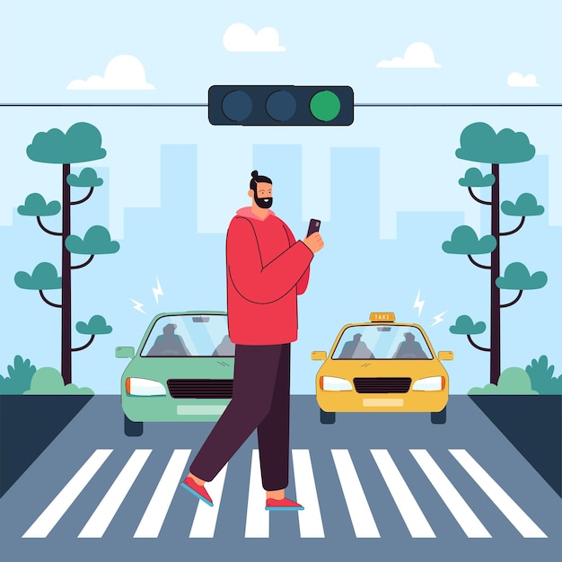 Paso de peatones paso de peatones en la carretera en el semáforo en verde. Hombre caminando sobre cebra, sosteniendo la ilustración de vector plano de teléfono móvil. Seguridad en la calle, accidente, cumplimiento del concepto de reglas de tráfico