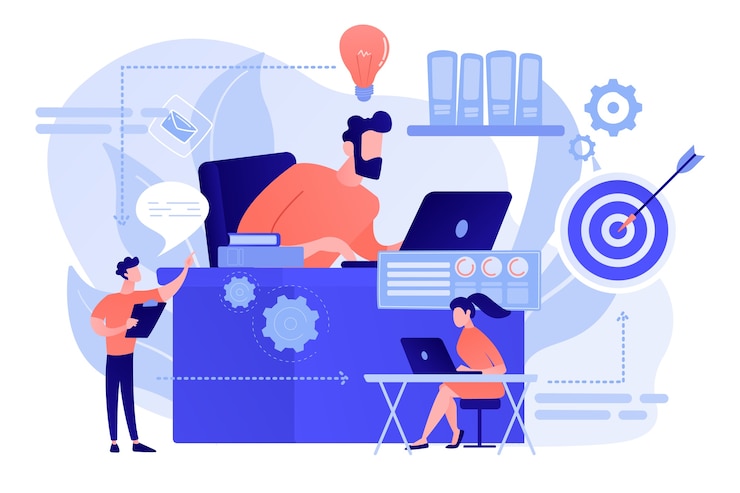 Vector gratuito pasos del equipo empresarial y del proceso de trabajo desde la idea hasta el objetivo. flujo de trabajo empresarial, eficiencia de los procesos empresariales, concepto de patrón de actividad laboral. ilustración aislada de bluevector coral rosado