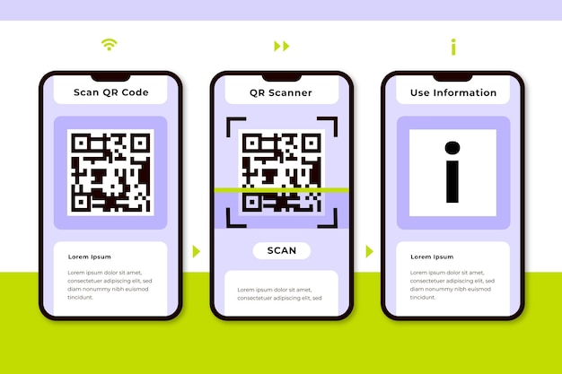 Vector gratuito pasos de escaneo de código qr en el conjunto de teléfonos inteligentes