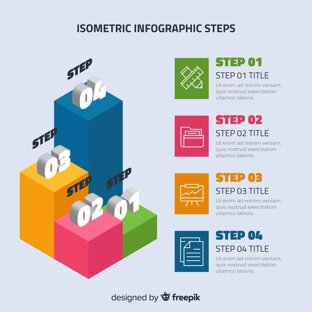 Pasos de infografía coloridos con diseño isométrico