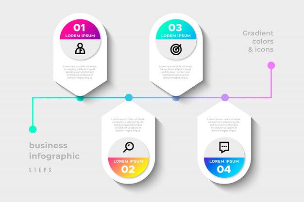 Pasos de infografía empresarial moderna con colores degradados