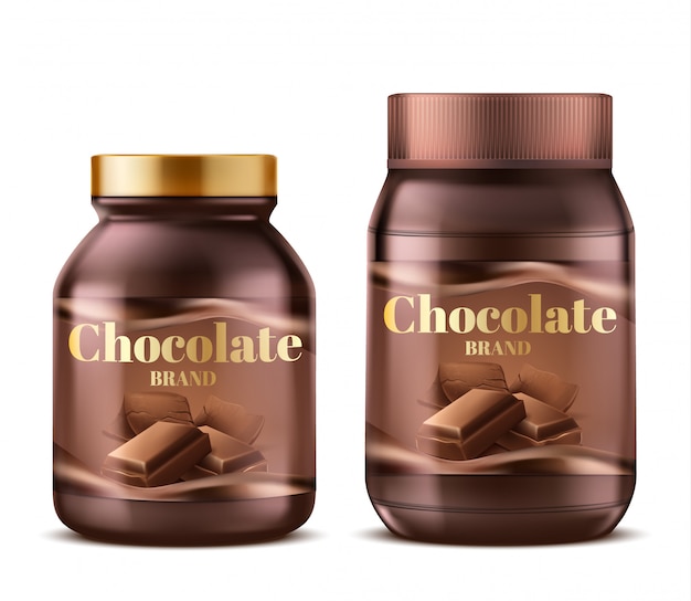 Pasta de chocolate realista 3d en frascos de plástico con sombras. Mantequilla de postre natural