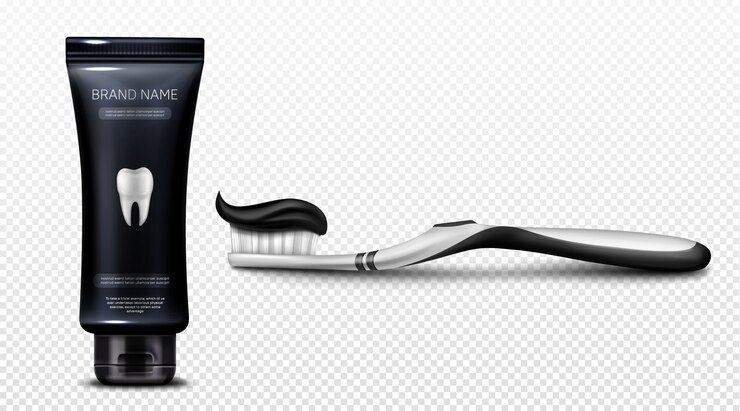 Vector gratuito pasta de dientes negra en tubo de plástico y en cepillo